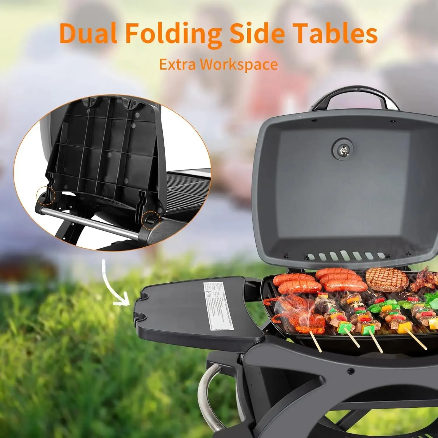 12,000 BTU Portable Tabletop Propane Gas Grill, Outdoor BBQ Grill with Built-in Thermometer, Black Camping Grill with Removable Side Tables for Outdoor Cooking, Tailgating