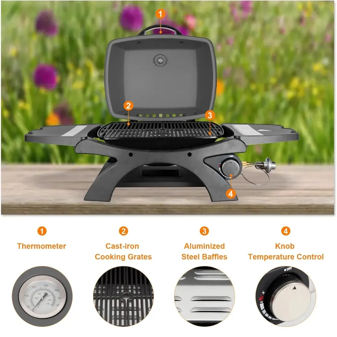 12,000 BTU Portable Tabletop Propane Gas Grill, Outdoor BBQ Grill with Built-in Thermometer, Black Camping Grill with Removable Side Tables for Outdoor Cooking, Tailgating