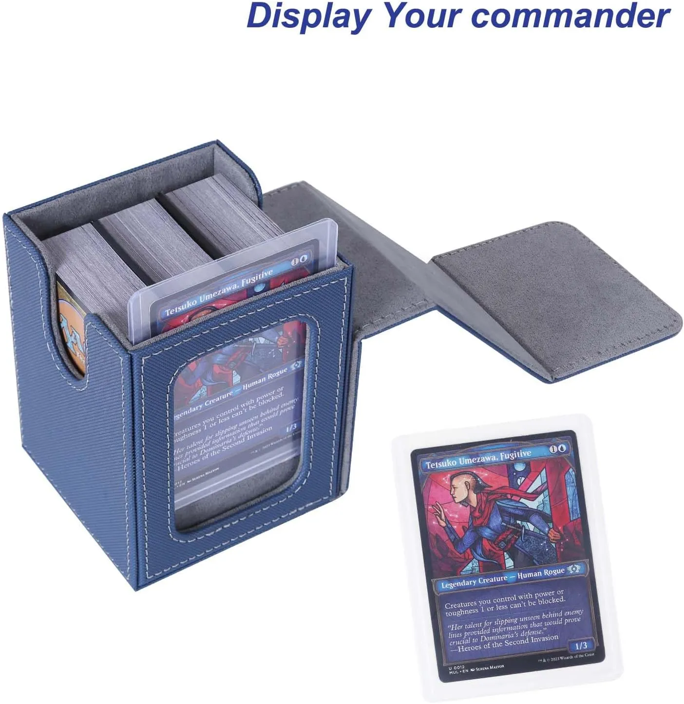 AFIING MTG Deck Box for Commander Display,Card Deck Box Fits 100 Double Sleeved Cards, Magic Commander TCG Card Storage with 2 Dividers,Dice Bag and 1 Toploader(Blue/Grey)