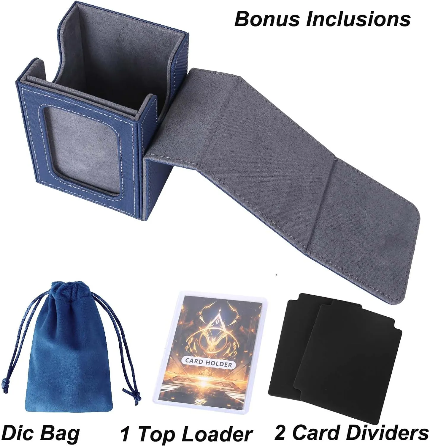 AFIING MTG Deck Box for Commander Display,Card Deck Box Fits 100 Double Sleeved Cards, Magic Commander TCG Card Storage with 2 Dividers,Dice Bag and 1 Toploader(Blue/Grey)