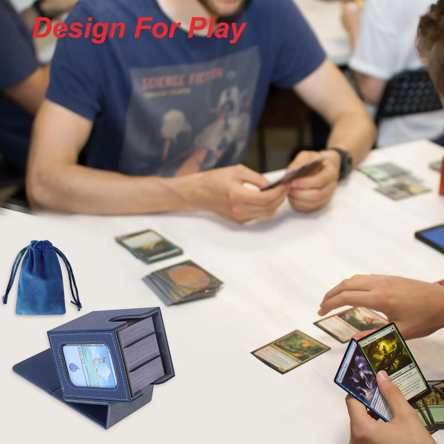 AFIING MTG Deck Box for Commander Display,Card Deck Box Fits 100 Double Sleeved Cards, Magic Commander TCG Card Storage with 2 Dividers,Dice Bag and 1 Toploader(Blue/Grey)