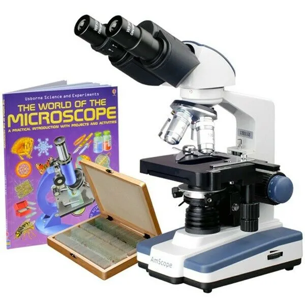 Amscope B120 Seroes Binocular LED Compound Microscope 40X-2500X Magnification With 100 Prepared Slides and Book