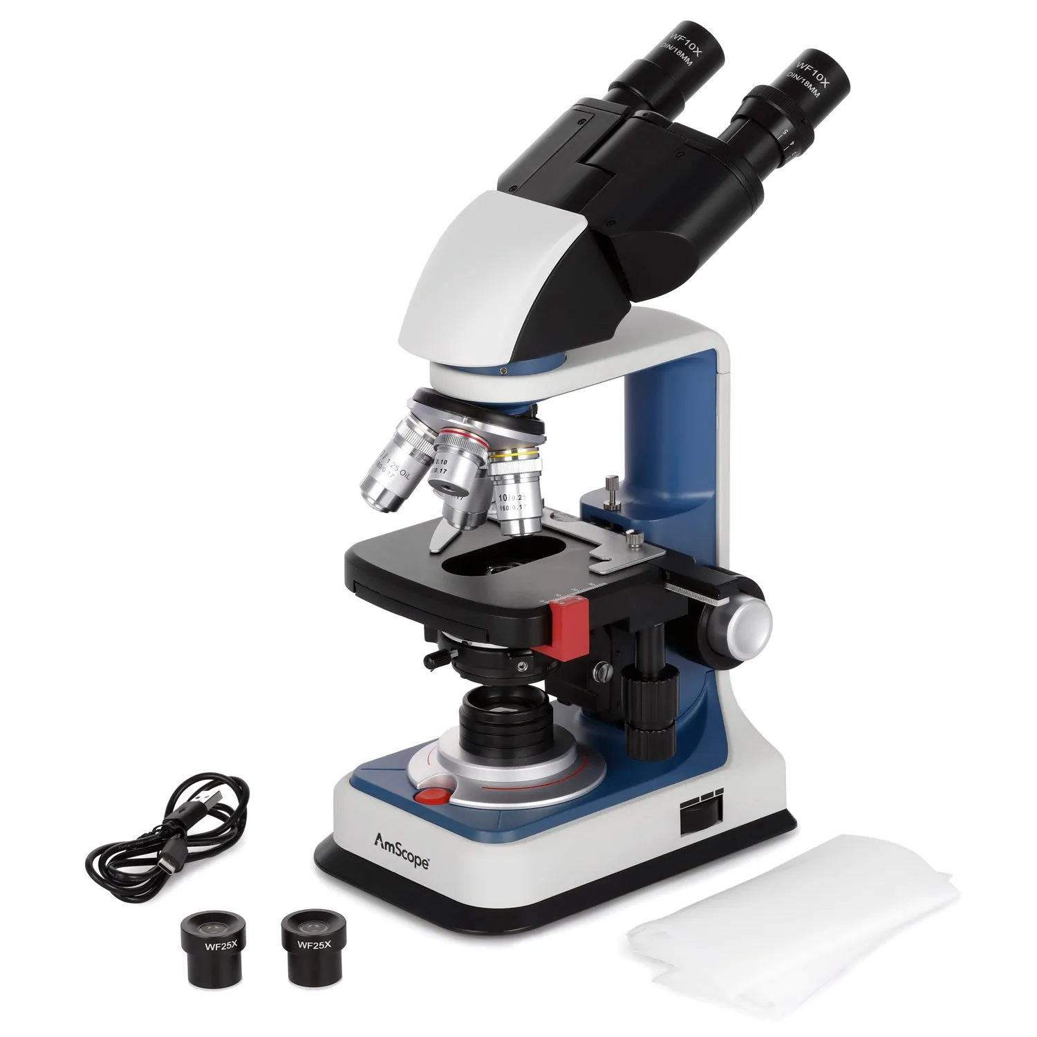 AmScope B120C-R Series USB-C Rechargeable Student Binocular Compound Microscope 40X-2500X Magnification with 3D Two-Layer Mechanical Stage, Achromatic Objectives, & LED illuminator   Optional Camera