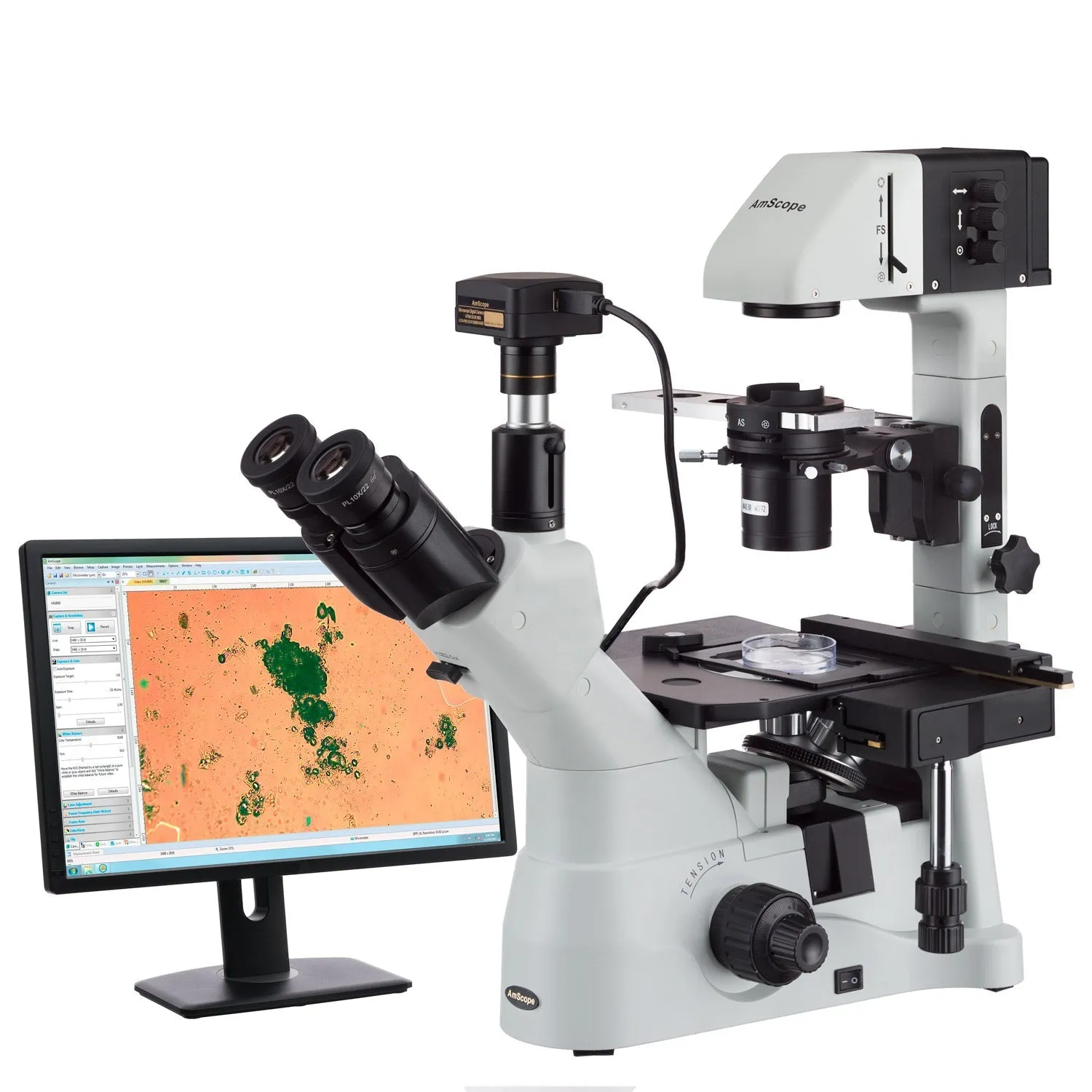 AmScope IN480 Series Inverted Infinity-corrected Phase-contrast Trinocular Compound Microscope 40X-1500X Magnification with Koehler Illumination and 18MP USB 3.0 Camera