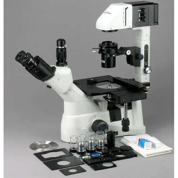 AmScope IN480 Series Inverted Infinity-corrected Phase-contrast Trinocular Compound Microscope 40X-1500X Magnification with Koehler Illumination and 18MP USB 3.0 Camera