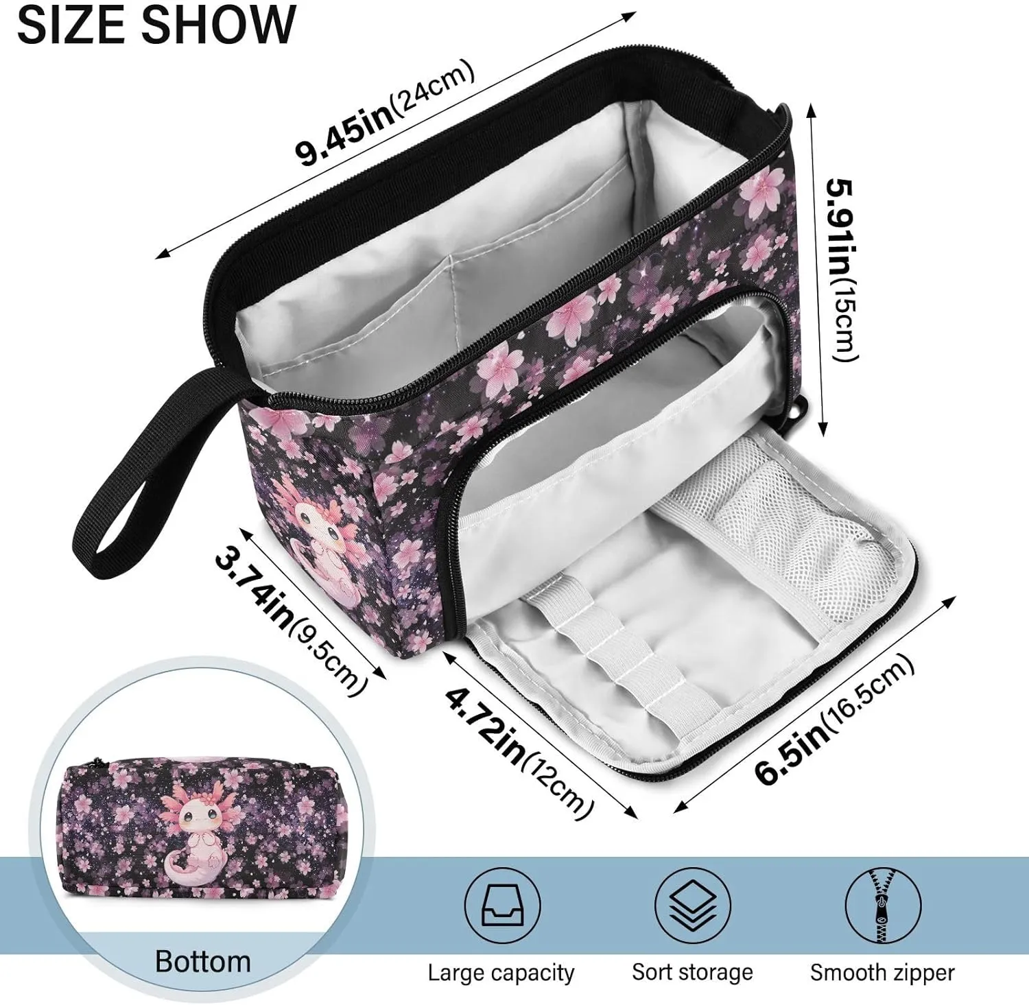 Axolotl Large Pencil Case Organizer Multifunctional Big Pencil Pouch With Compartments Simple Stationery Pen Bag With Zipper