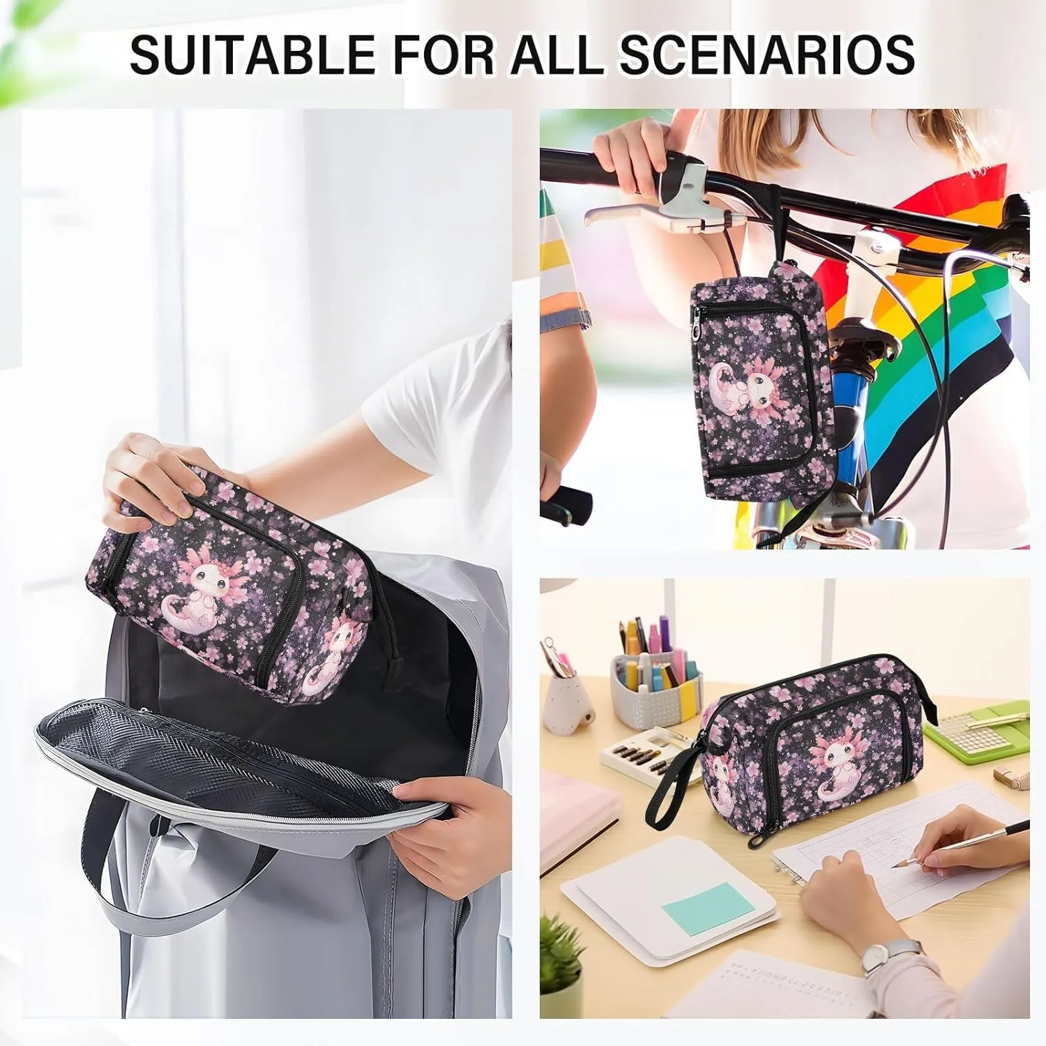 Axolotl Large Pencil Case Organizer Multifunctional Big Pencil Pouch With Compartments Simple Stationery Pen Bag With Zipper