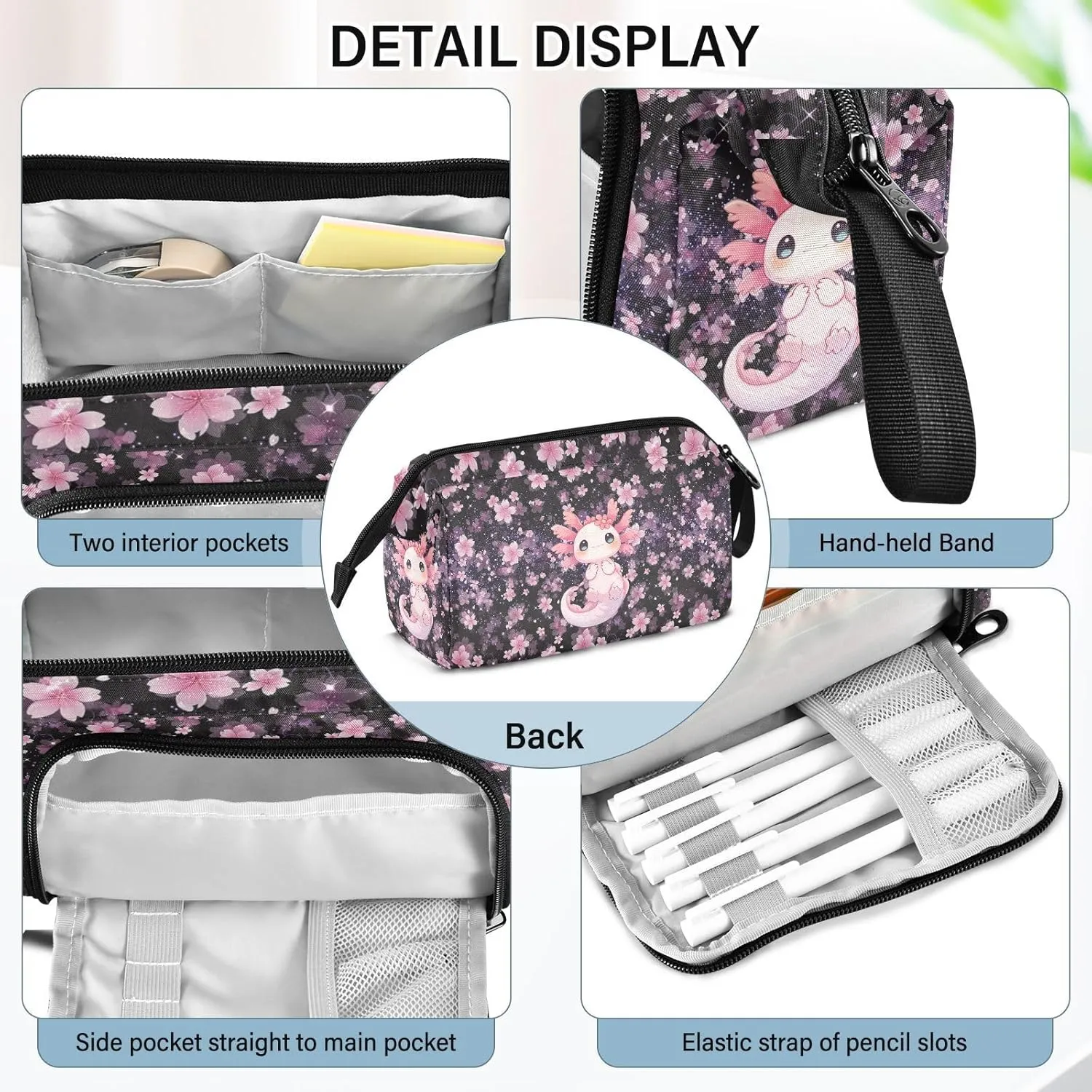 Axolotl Large Pencil Case Organizer Multifunctional Big Pencil Pouch With Compartments Simple Stationery Pen Bag With Zipper