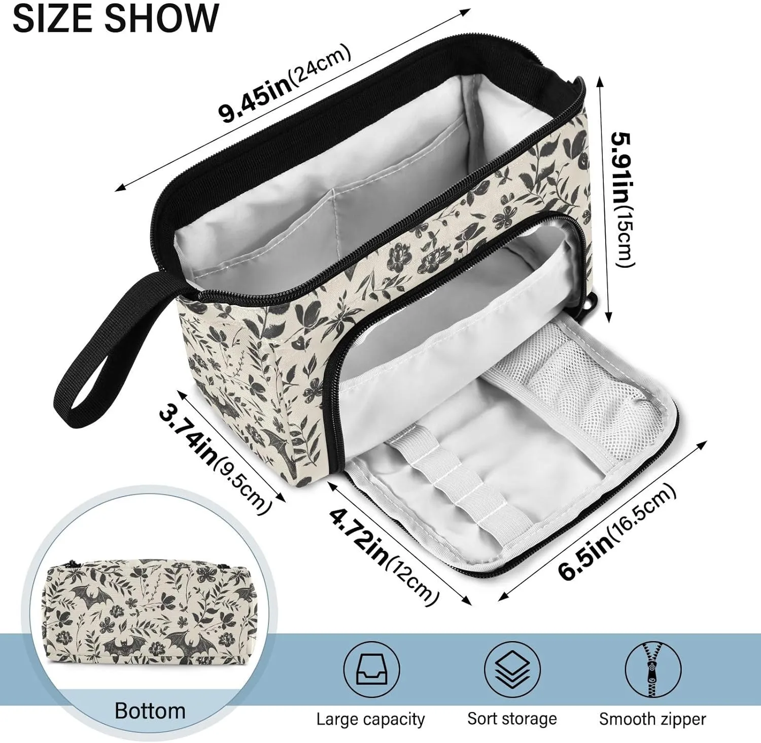 Bat Large Pencil Case Organizer Multifunctional Big Pencil Pouch With Compartments Simple Stationery Pen Bag With Zipper