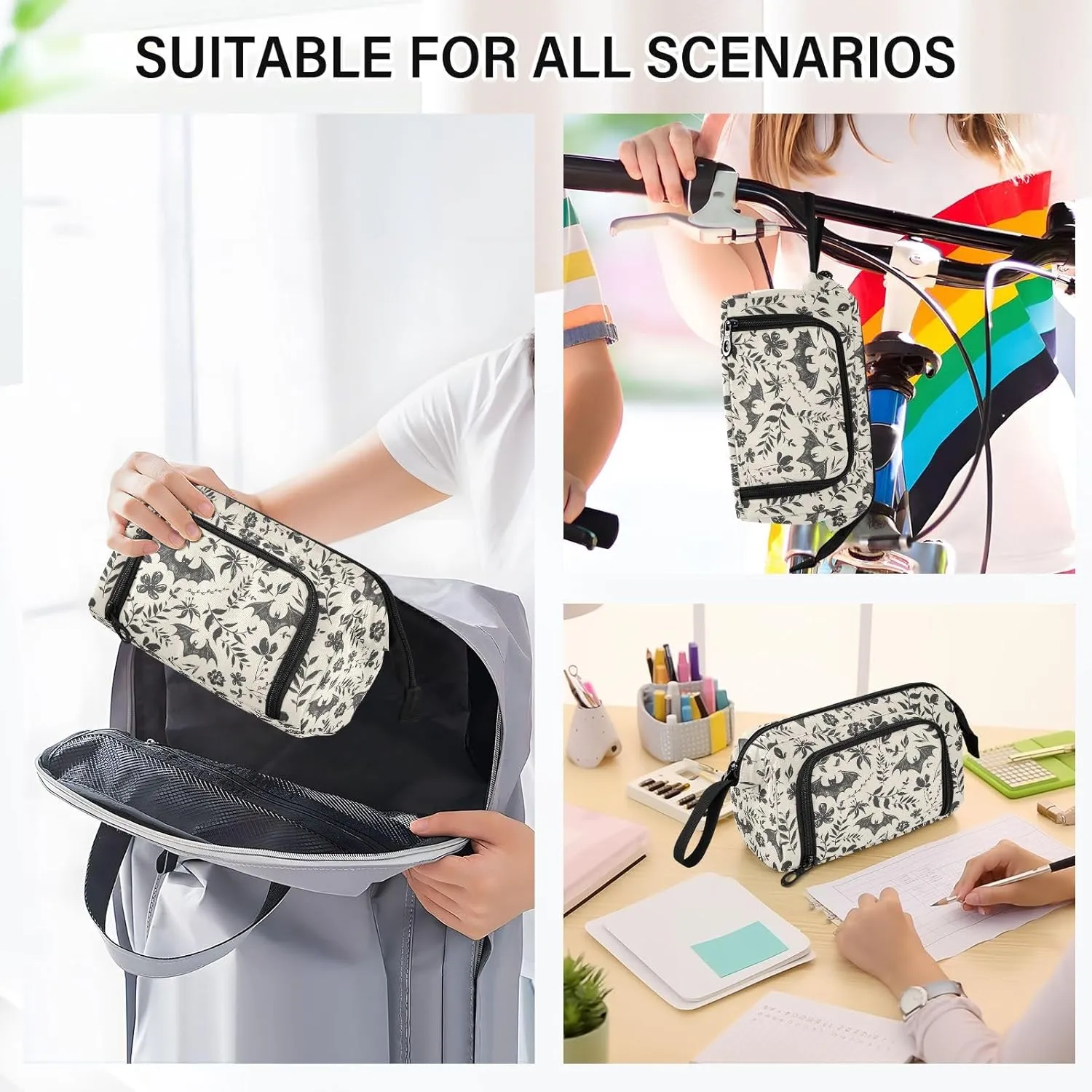 Bat Large Pencil Case Organizer Multifunctional Big Pencil Pouch With Compartments Simple Stationery Pen Bag With Zipper