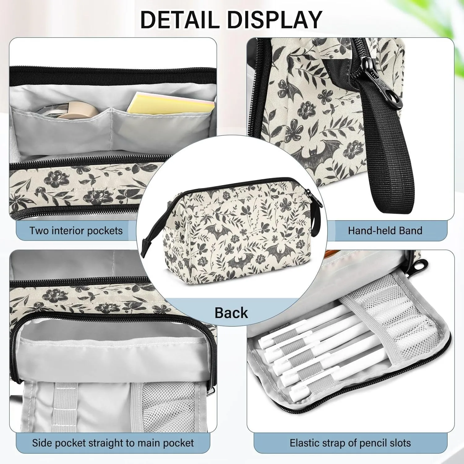 Bat Large Pencil Case Organizer Multifunctional Big Pencil Pouch With Compartments Simple Stationery Pen Bag With Zipper