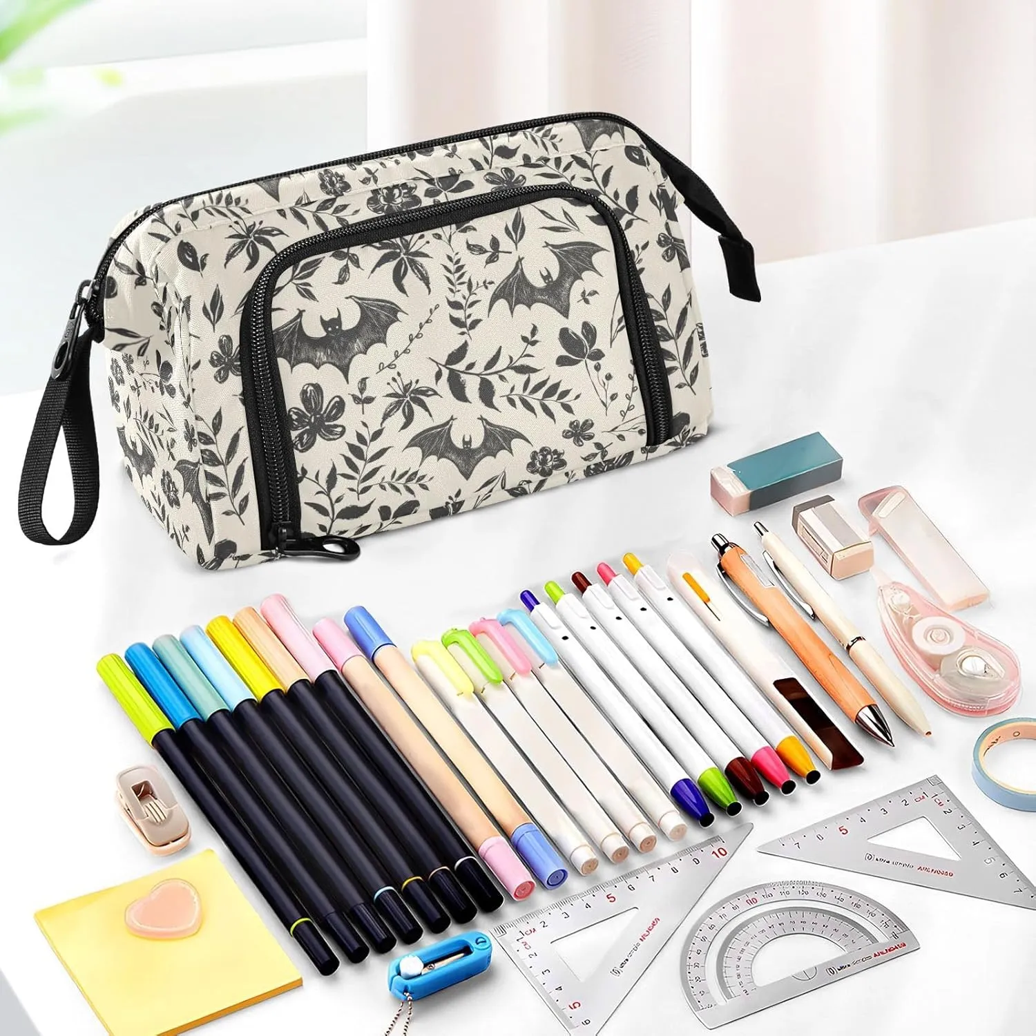 Bat Large Pencil Case Organizer Multifunctional Big Pencil Pouch With Compartments Simple Stationery Pen Bag With Zipper
