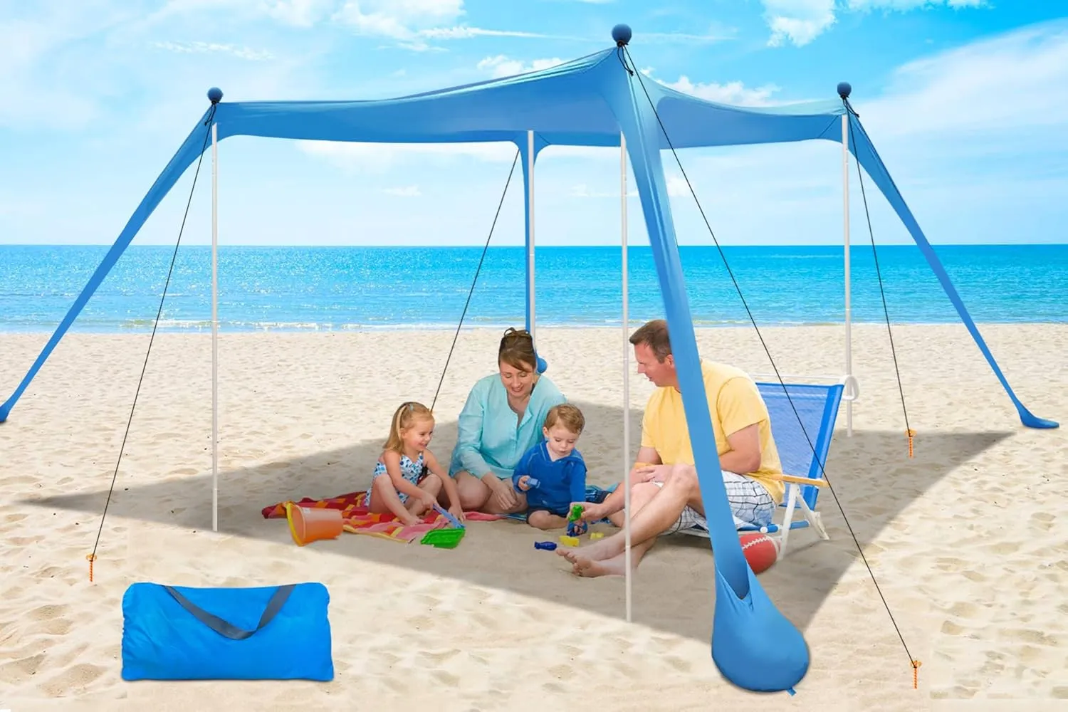 Beach Canopy Beach Tent UPF50  11x11 FT Easy to Setup Extra Windproof Rope Sun Shelter Beach Shade Canopy with 4 Stability Poles Outdoor Shade for Beach Camping Family