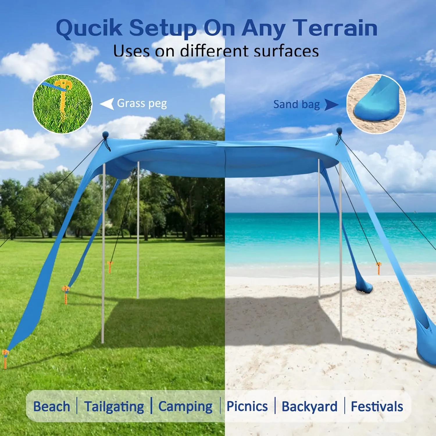 Beach Canopy Beach Tent UPF50  11x11 FT Easy to Setup Extra Windproof Rope Sun Shelter Beach Shade Canopy with 4 Stability Poles Outdoor Shade for Beach Camping Family
