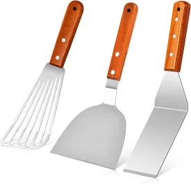 Beijiyi Metal Spatula Turner for Cast Iron Skillet, Stainless Steel Fish Turner with Wooden Handle, Small Kitchen Flipper for Cooking Grill Griddle, 3 Pack