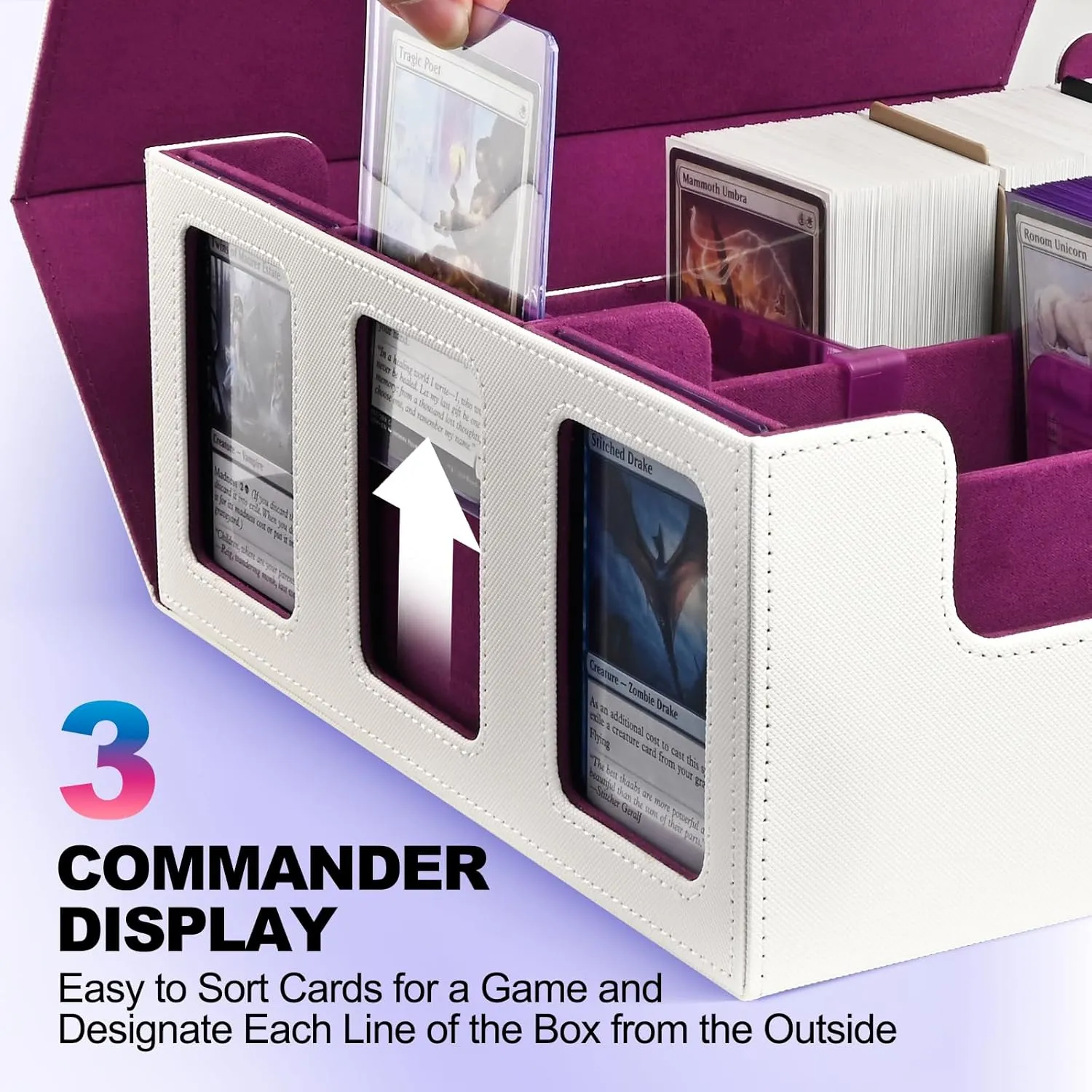 Card Storage Box for Trading Cards, 1800  Commander Deck Box for MTG with Display Window, Toploader Card Case fits Magic TCG PTCG Sports Cards; 10 Removable Divider, 3 Stoppers (White, Purple)