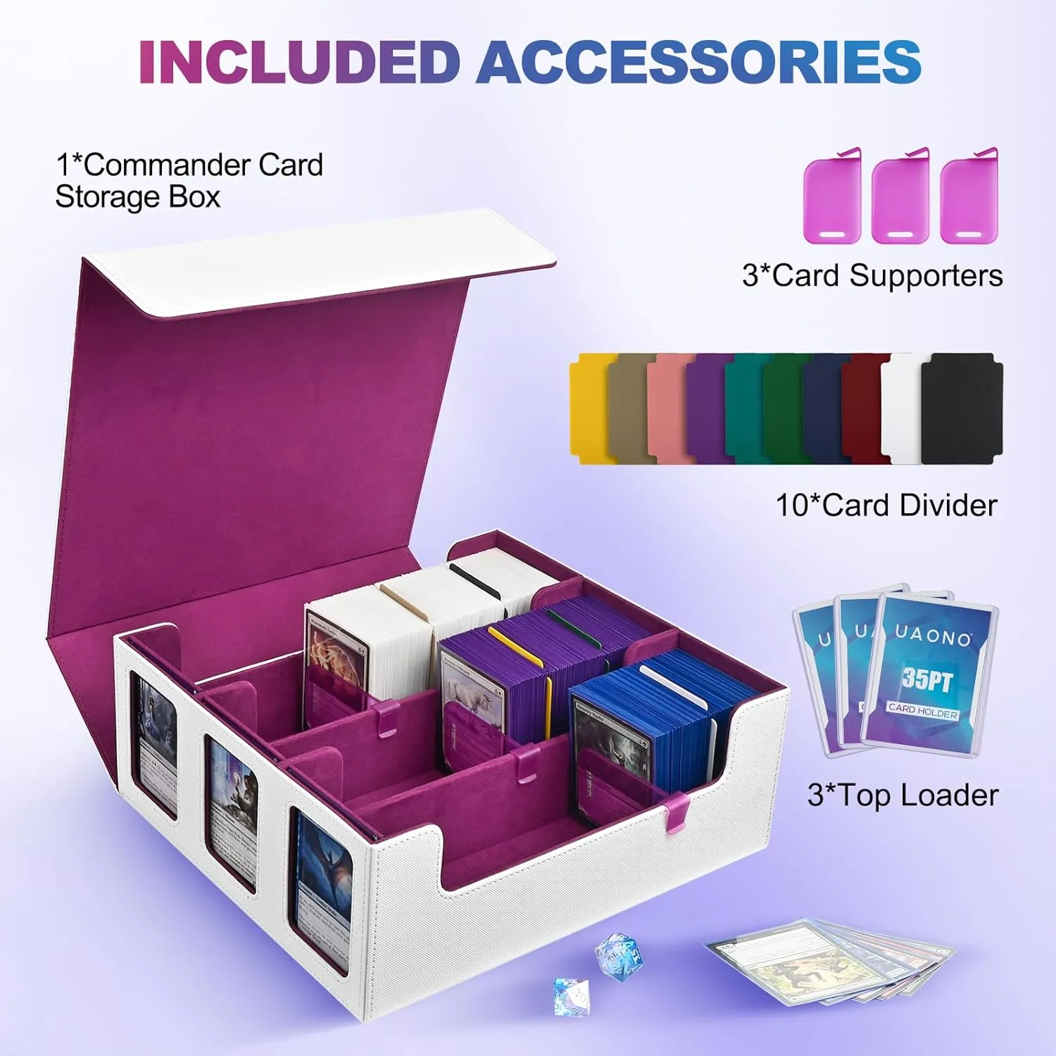 Card Storage Box for Trading Cards, 1800  Commander Deck Box for MTG with Display Window, Toploader Card Case fits Magic TCG PTCG Sports Cards; 10 Removable Divider, 3 Stoppers (White, Purple)