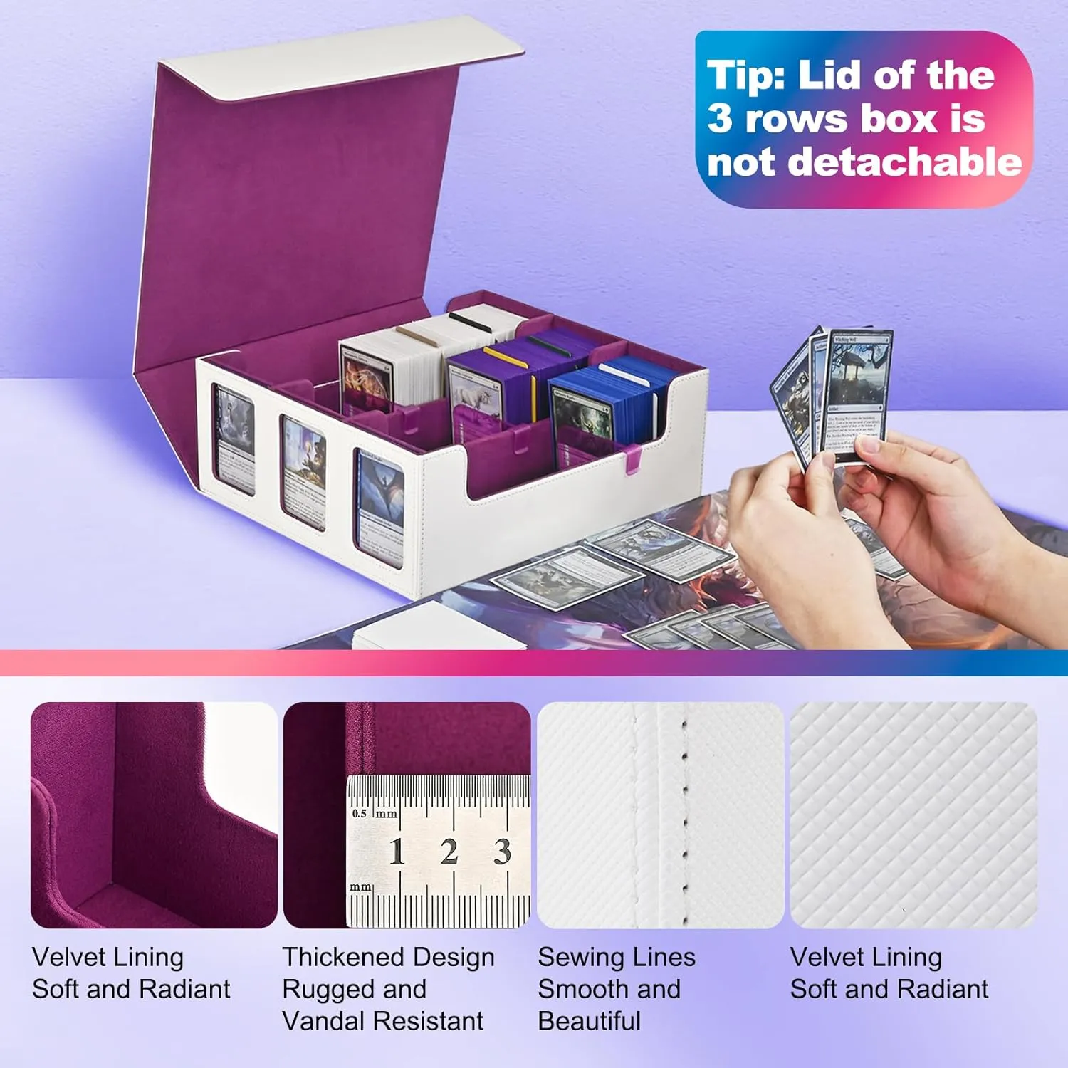 Card Storage Box for Trading Cards, 1800  Commander Deck Box for MTG with Display Window, Toploader Card Case fits Magic TCG PTCG Sports Cards; 10 Removable Divider, 3 Stoppers (White, Purple)