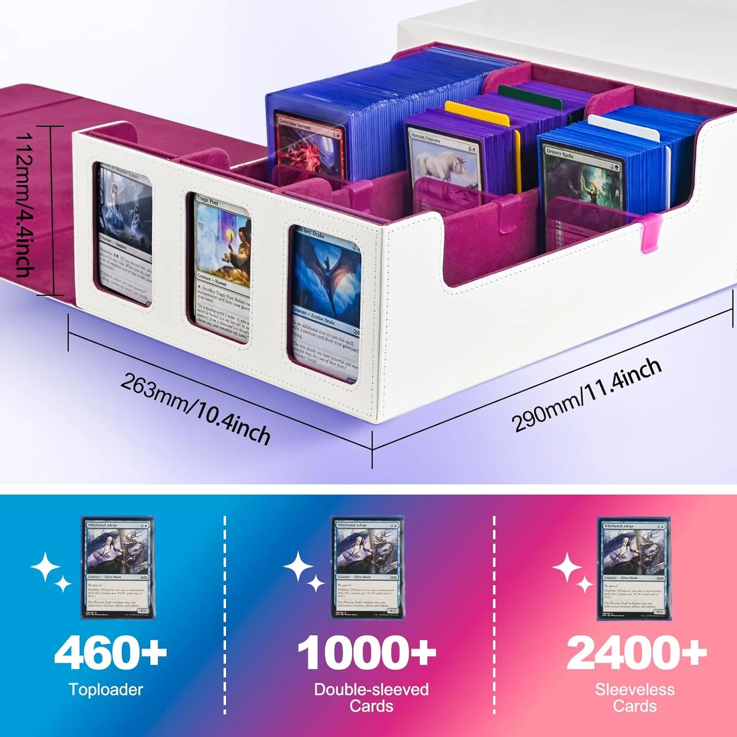 Card Storage Box for Trading Cards, 1800  Commander Deck Box for MTG with Display Window, Toploader Card Case fits Magic TCG PTCG Sports Cards; 10 Removable Divider, 3 Stoppers (White, Purple)