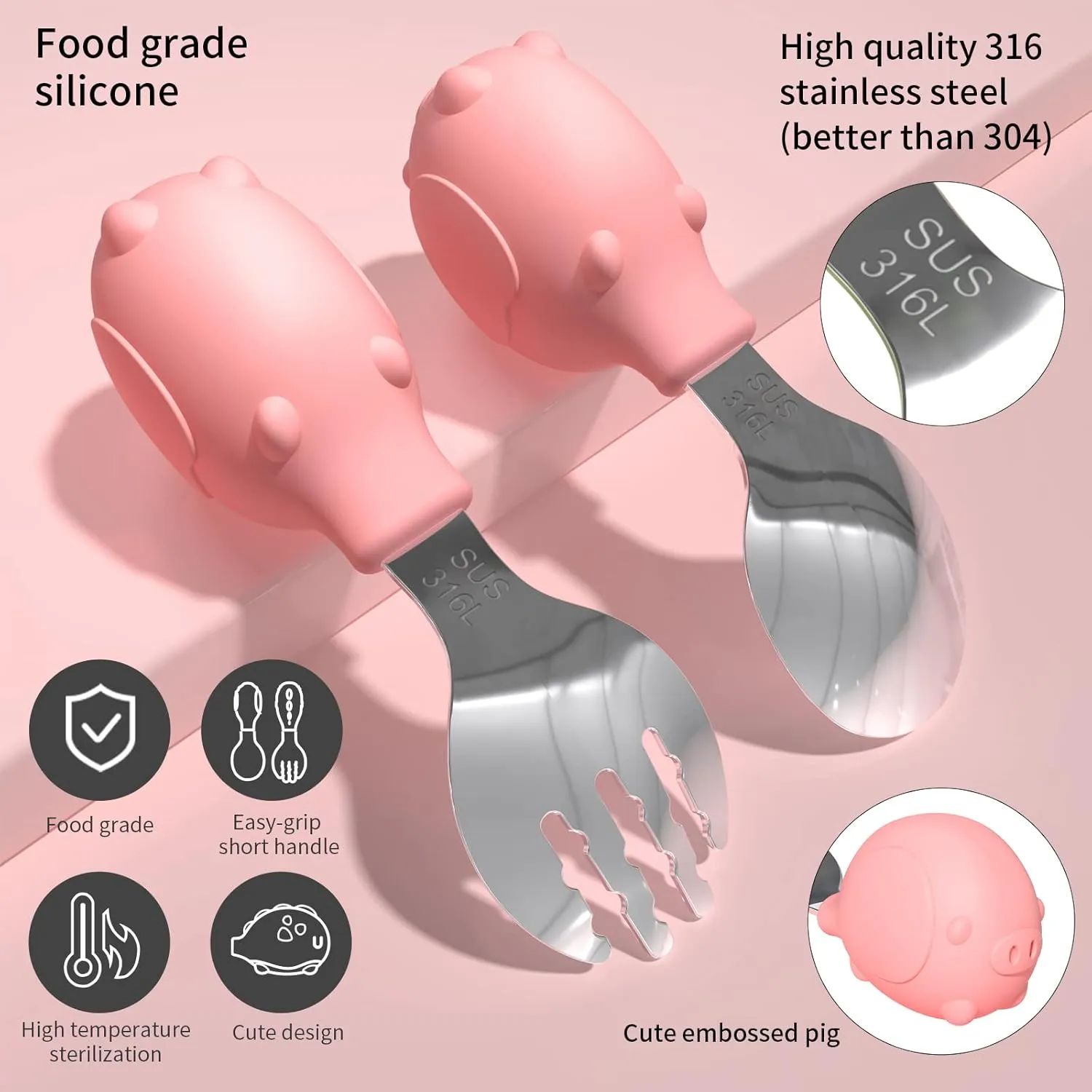 Deejoy Toddler Utensils - Stainless Steel Spoons and Forks, Kids Silverware Set with Travel Case (Pink)