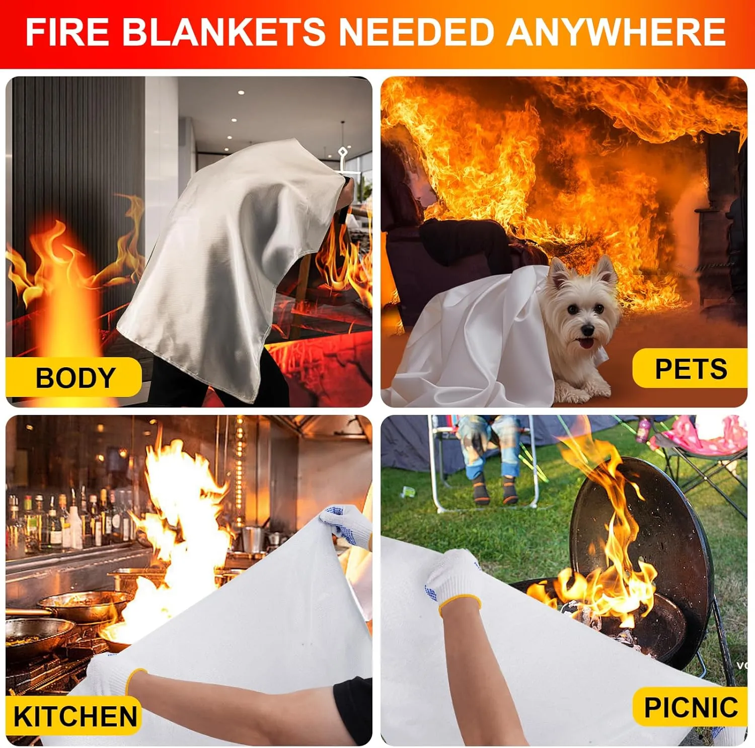 Emergency Fire Blankets,Fire Safety Blanket for Kitchen Home, Fire Supression Blanket Good for School Safety, Fireplace, and Camping,Hurricane Preparedness Items (6, Pack 40x40 inches)