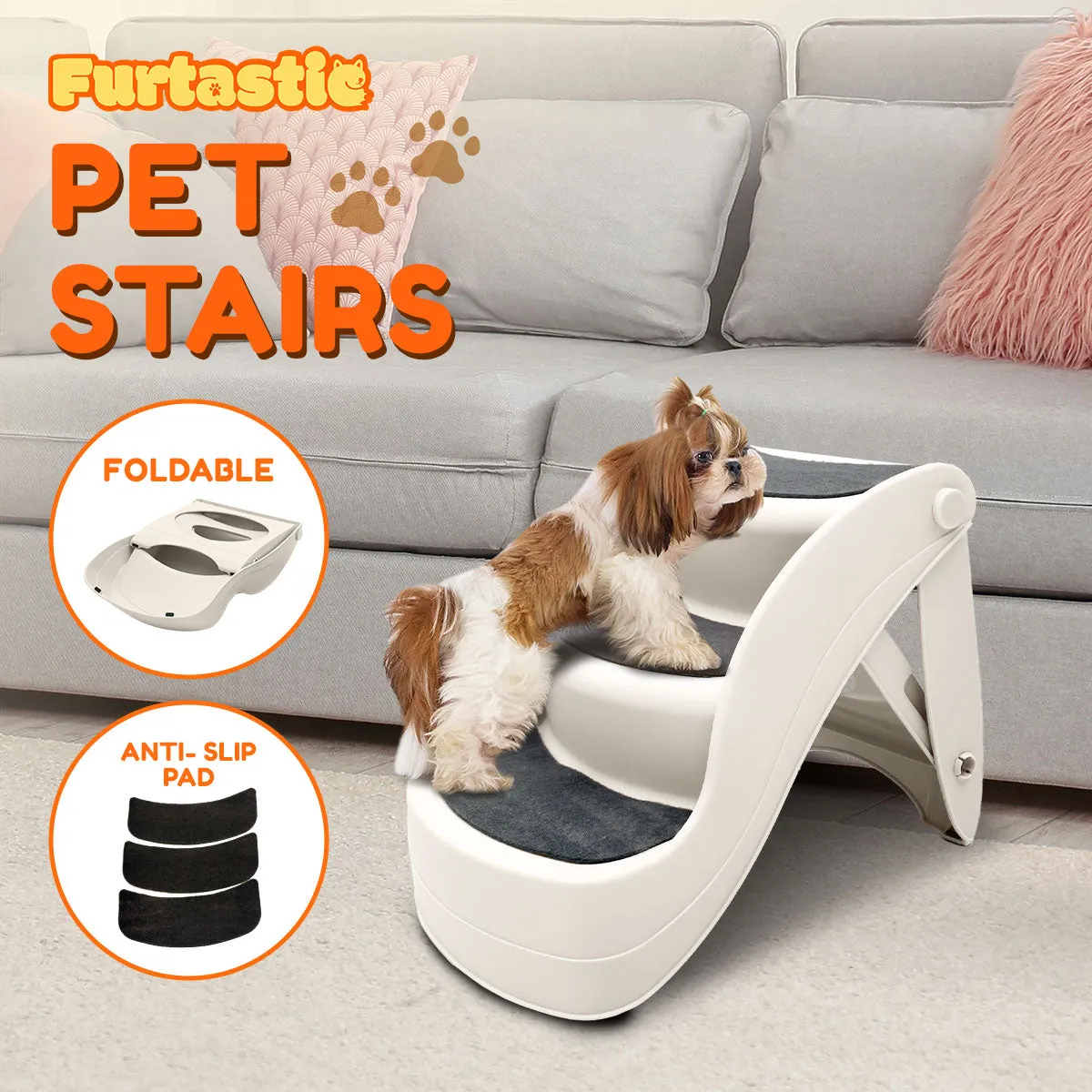 Foldable Non-Slip Pet Stairs Ramp, 38cm, White - Furtastic