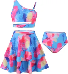Girls 3 Piece Bathing Suit One Shoulder Ruffle Flounce Bikini Set with Cover Up Skirt Quick Dry Swimsuit 5-12 Years