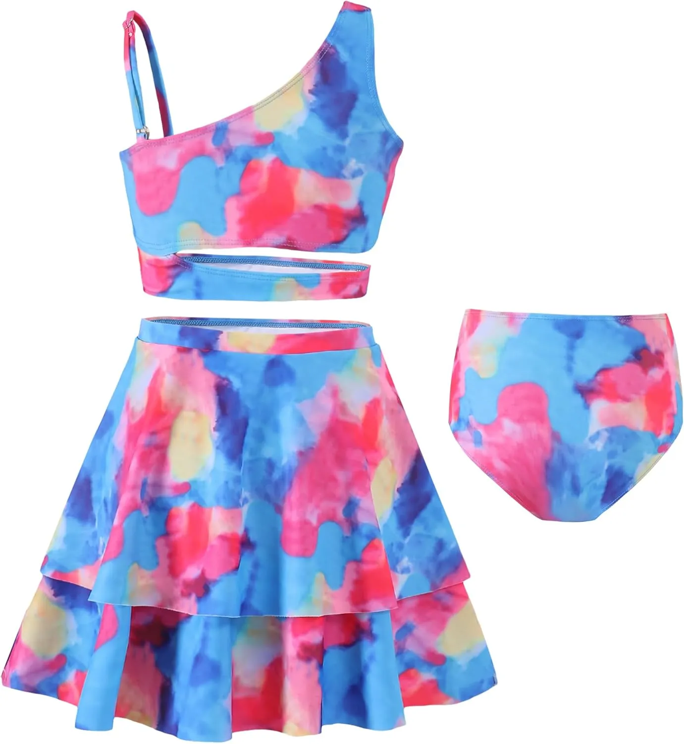 Girls 3 Piece Bathing Suit One Shoulder Ruffle Flounce Bikini Set with Cover Up Skirt Quick Dry Swimsuit 5-12 Years