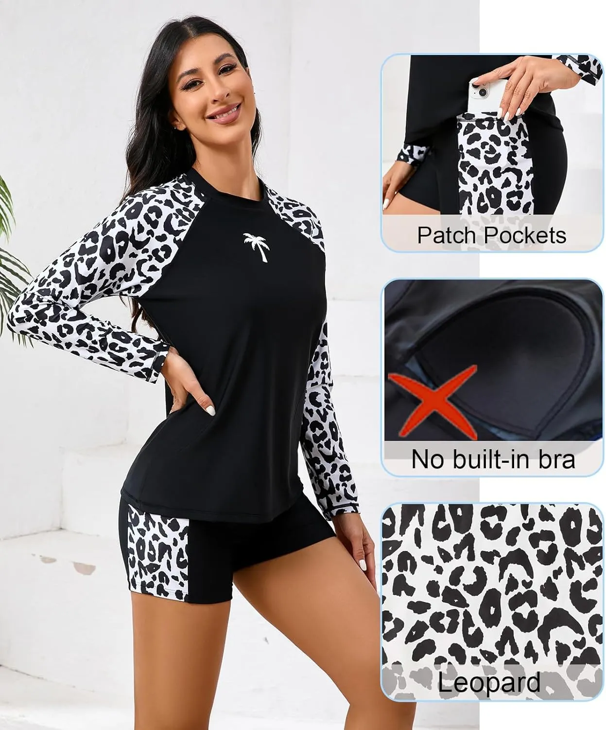 Halcurt Women's Two Piece Rash Guard Swimsuit Long Sleeve UPF 50 Swim Shirt with Board Shorts
