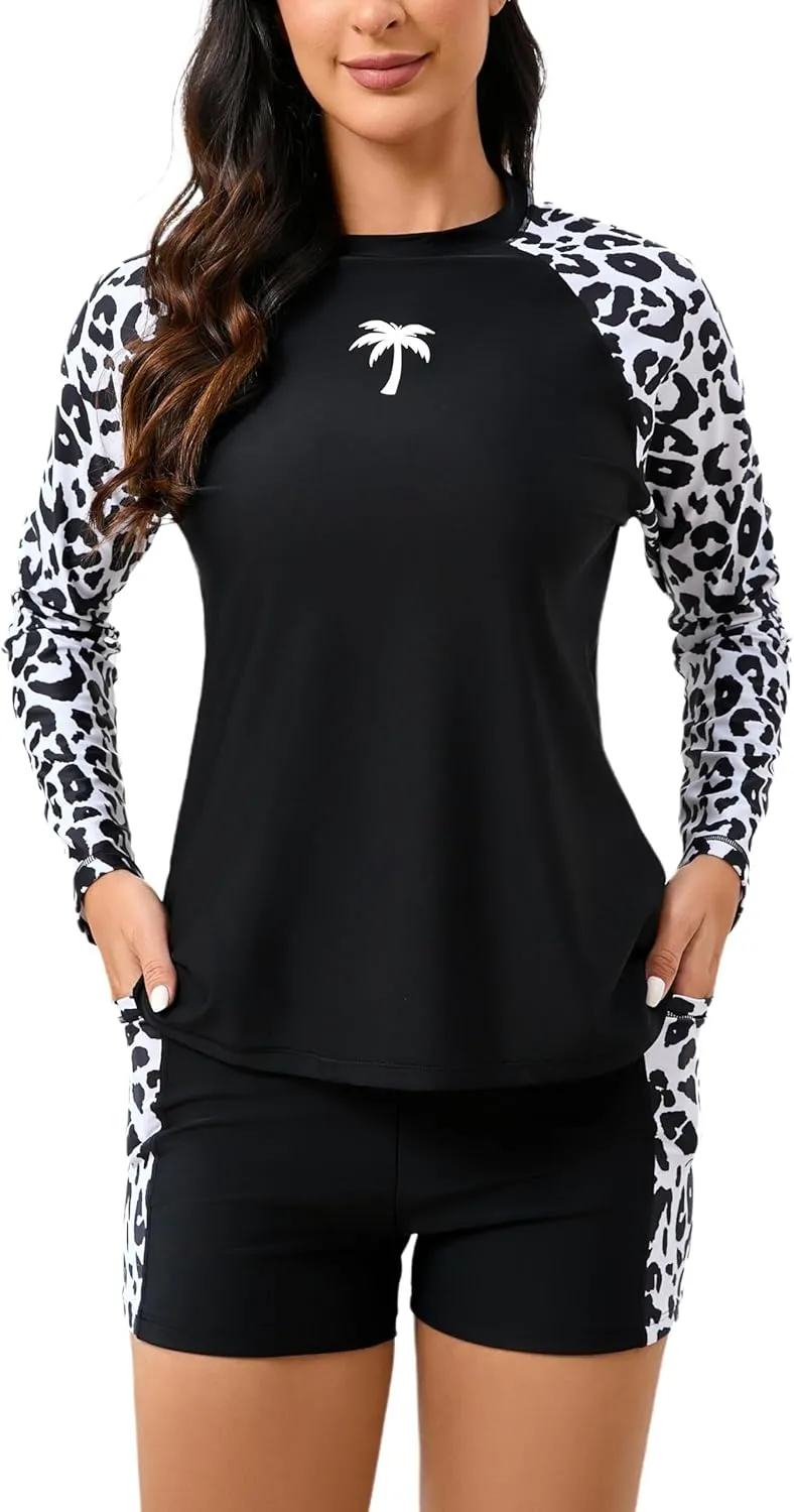 Halcurt Women's Two Piece Rash Guard Swimsuit Long Sleeve UPF 50 Swim Shirt with Board Shorts