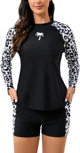 Halcurt Women's Two Piece Rash Guard Swimsuit Long Sleeve UPF 50 Swim Shirt with Board Shorts