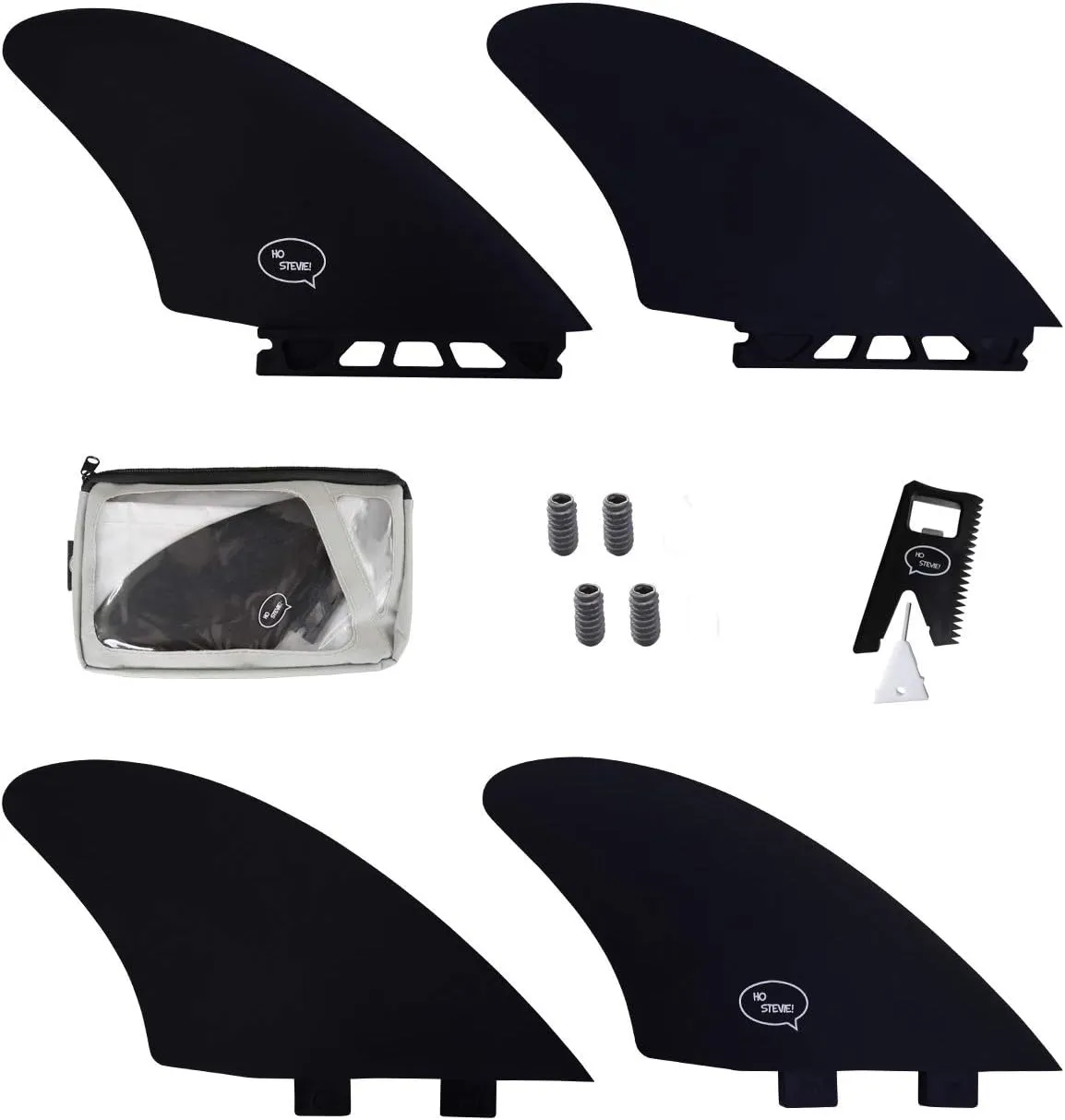 Ho Stevie! Surfboard Twin (2) Keel Fins - Speed and Flow for Fish Surf Boards - Stronger Than Regular Nylon Fins - Fin Key, Screws, Wax Comb and Travel Case Included