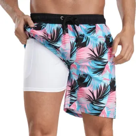 Mens Swim Trunks with Compression Liner 7 inch Inseam Bathing Suit Swim Shorts Men
