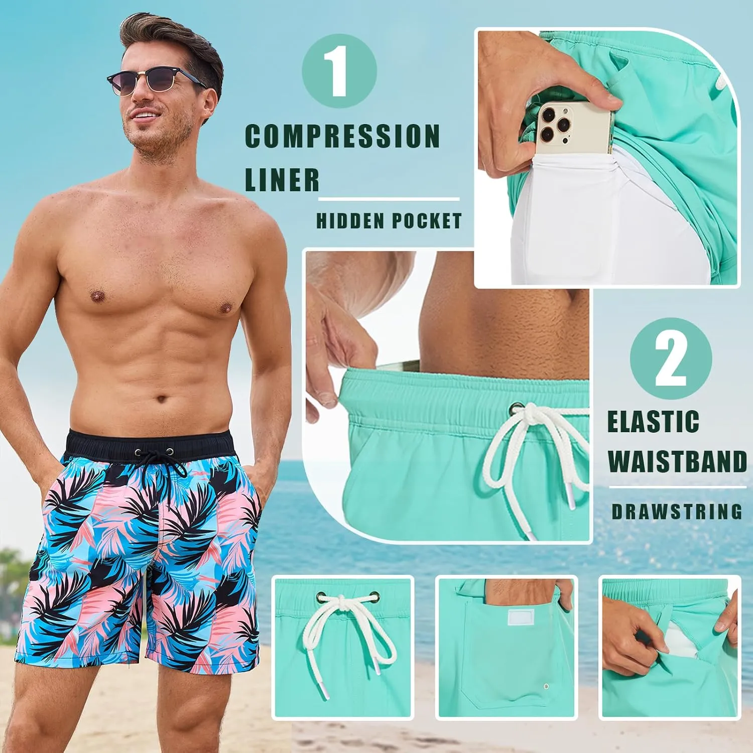 Mens Swim Trunks with Compression Liner 7 inch Inseam Bathing Suit Swim Shorts Men