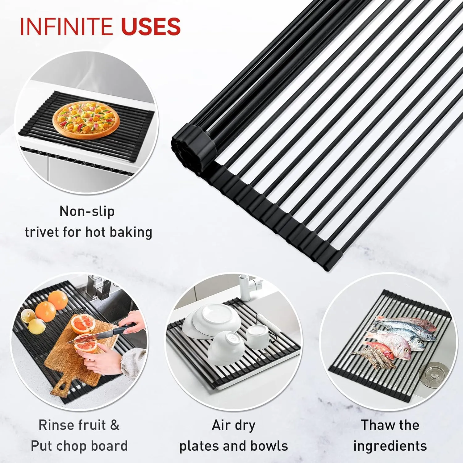 MERRYBOX Roll Up Dish Drying Rack Silicone Wrapped Over The Sink Dish Drying Rack Multipurpose Foldable Sink Drying Mat Anti-Slip & Anti-Rust Dish Rack for Kitchen, 17.5" x 13", Black