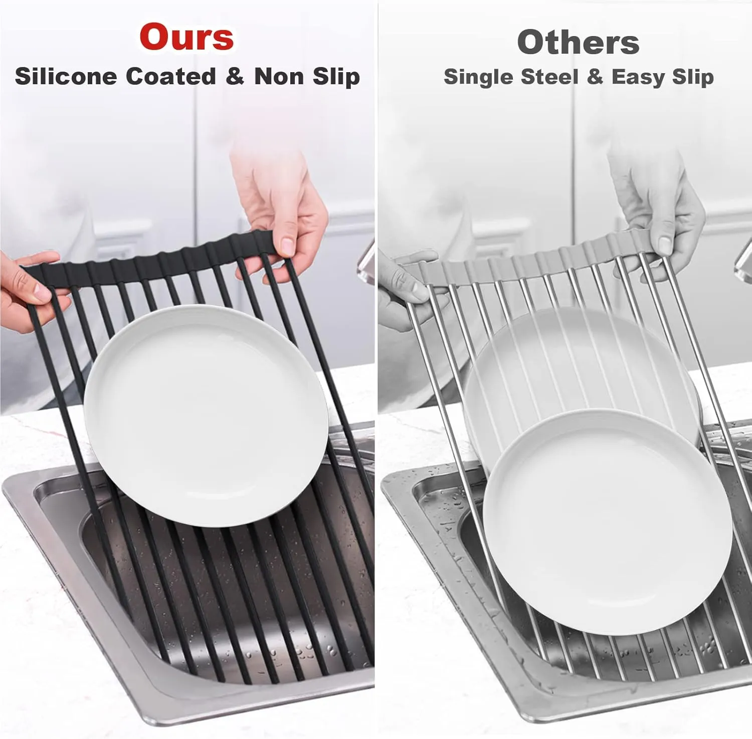 MERRYBOX Roll Up Dish Drying Rack Silicone Wrapped Over The Sink Dish Drying Rack Multipurpose Foldable Sink Drying Mat Anti-Slip & Anti-Rust Dish Rack for Kitchen, 17.5" x 13", Black