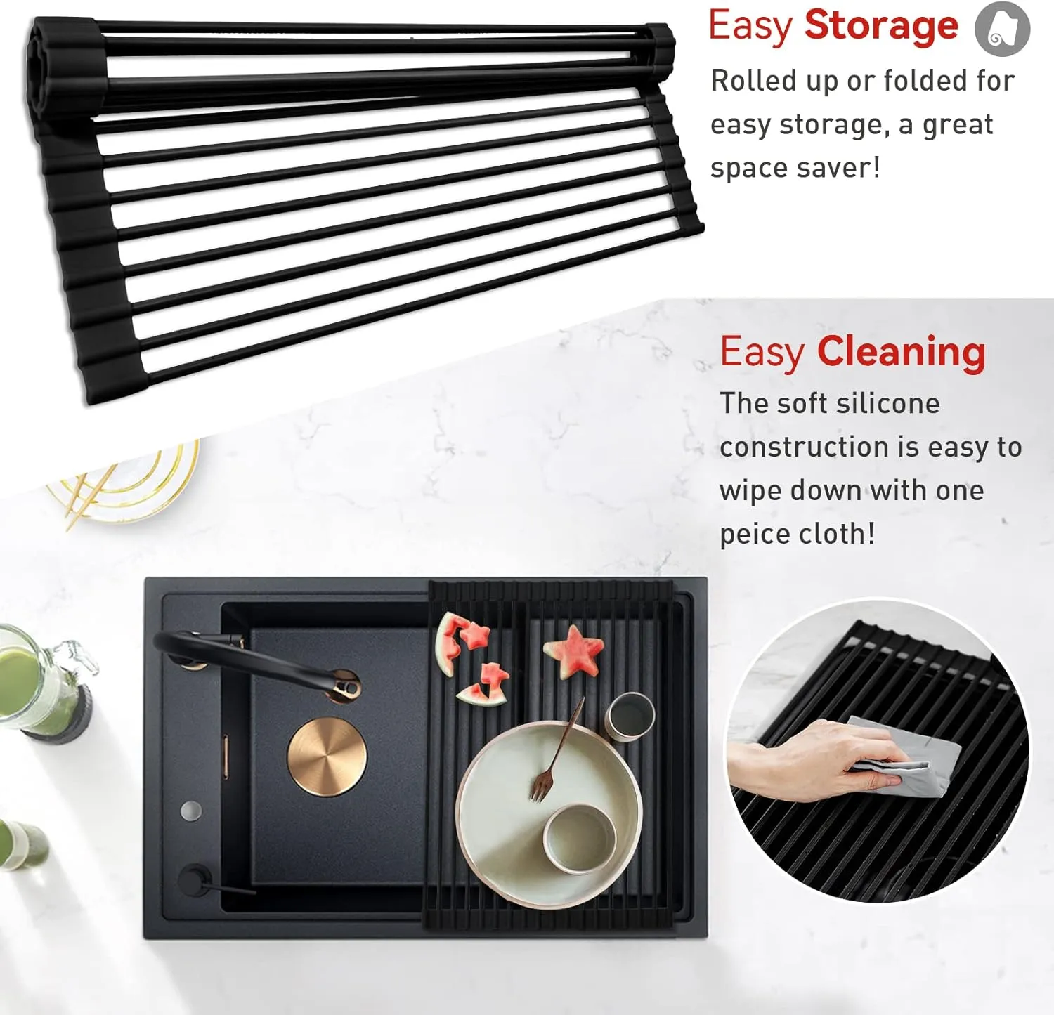 MERRYBOX Roll Up Dish Drying Rack Silicone Wrapped Over The Sink Dish Drying Rack Multipurpose Foldable Sink Drying Mat Anti-Slip & Anti-Rust Dish Rack for Kitchen, 17.5" x 13", Black