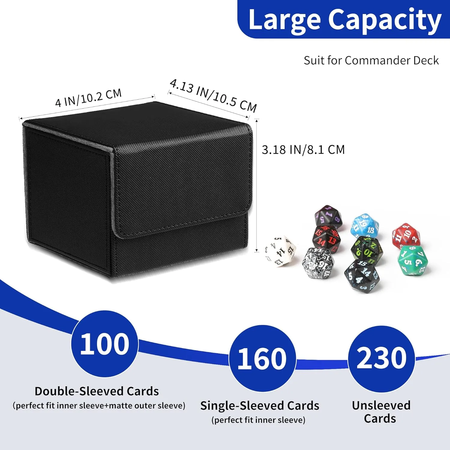 MTG Deck Box with 2 Dividers, Large Capacity Commander Deck Box Fits 100  Double-Sleeved Cards, PU Leather Card Case Compatible with Magic Commander YuGiOh TCG CCG, Black
