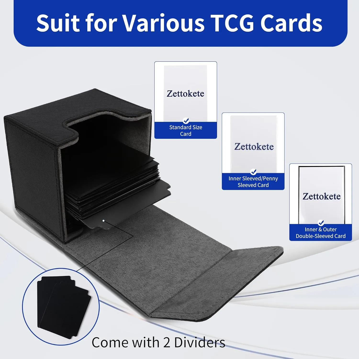 MTG Deck Box with 2 Dividers, Large Capacity Commander Deck Box Fits 100  Double-Sleeved Cards, PU Leather Card Case Compatible with Magic Commander YuGiOh TCG CCG, Black