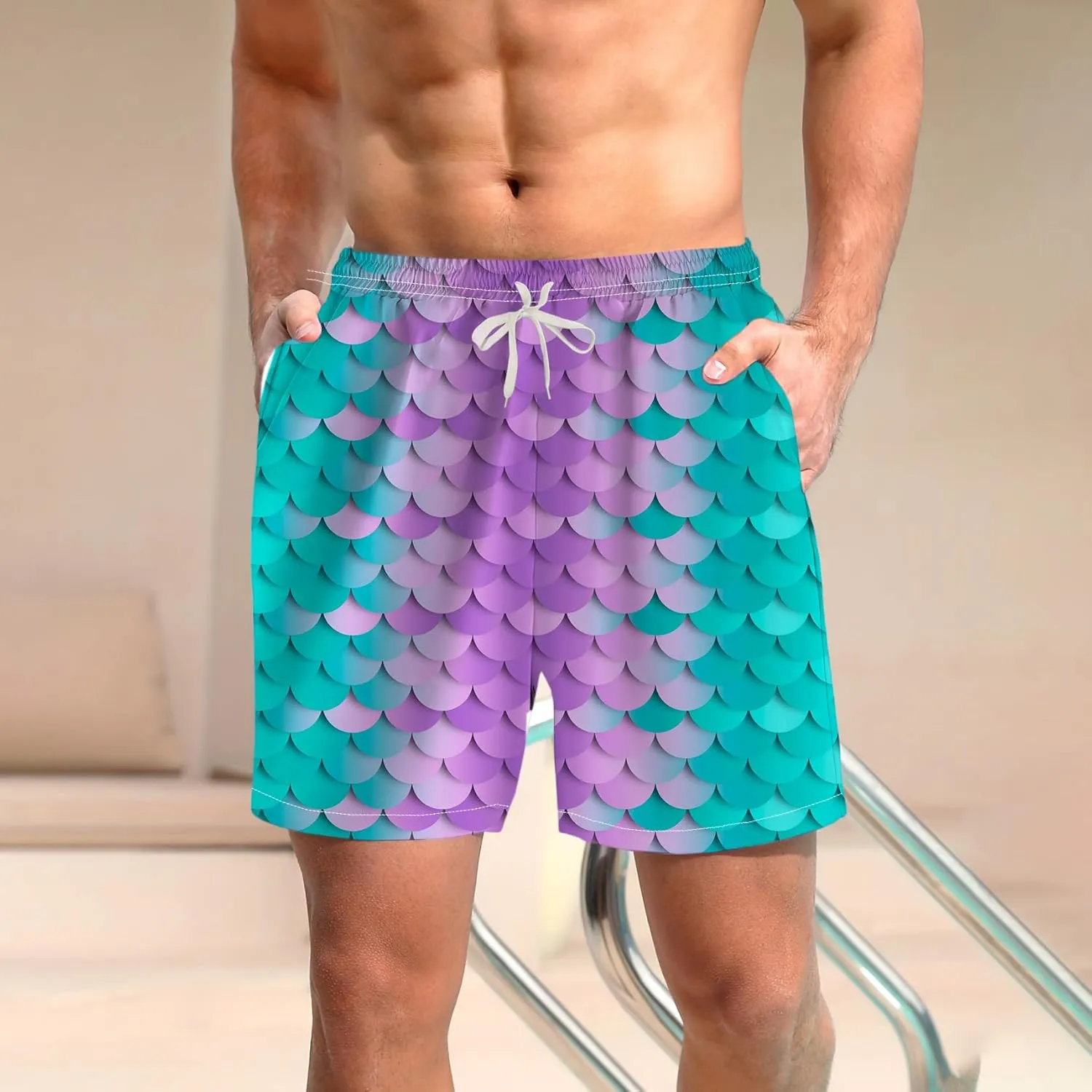 Novelty Fish Scale Board Shorts Funny Striped Graphic Beach Shorts