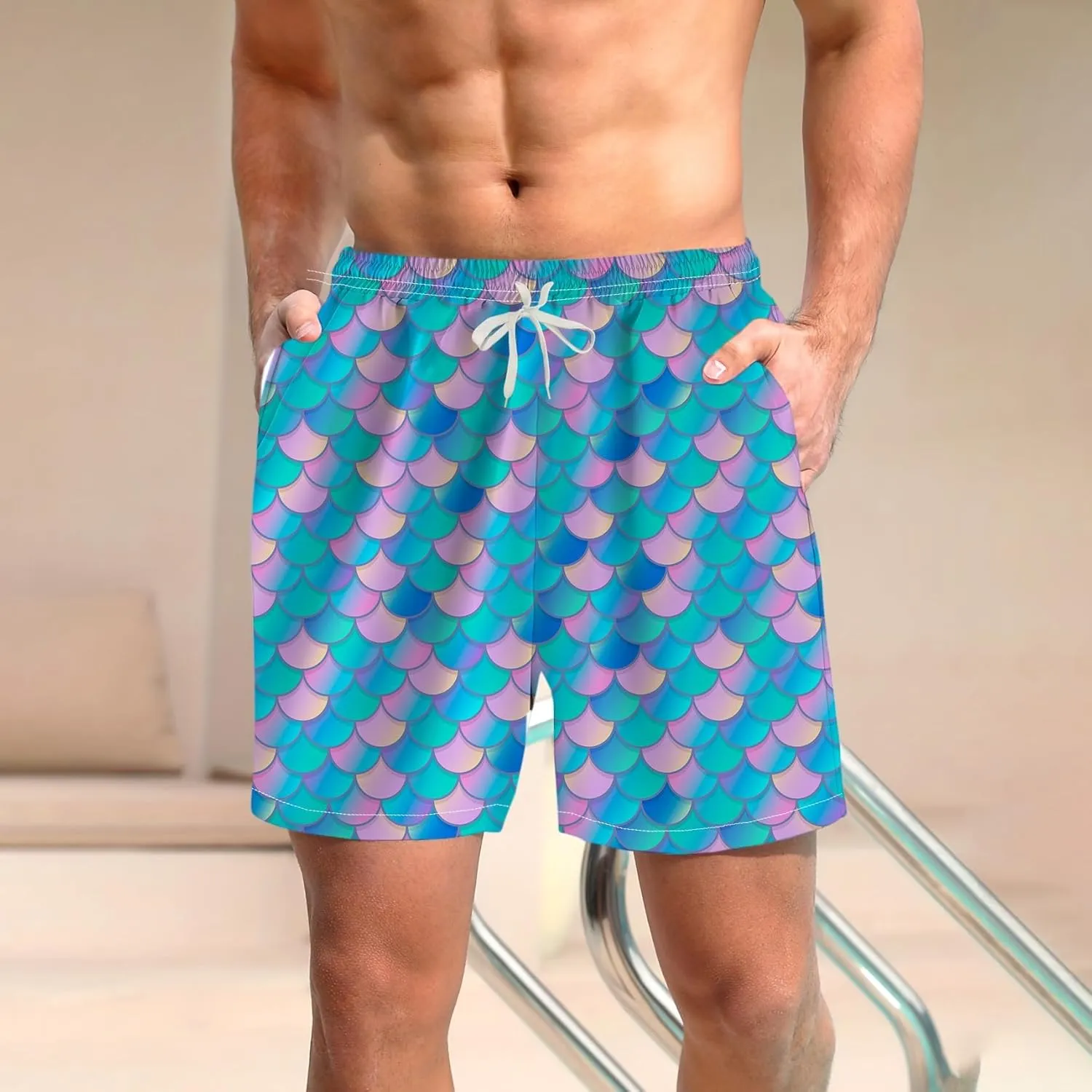 Novelty Fish Scale Board Shorts Funny Striped Graphic Beach Shorts