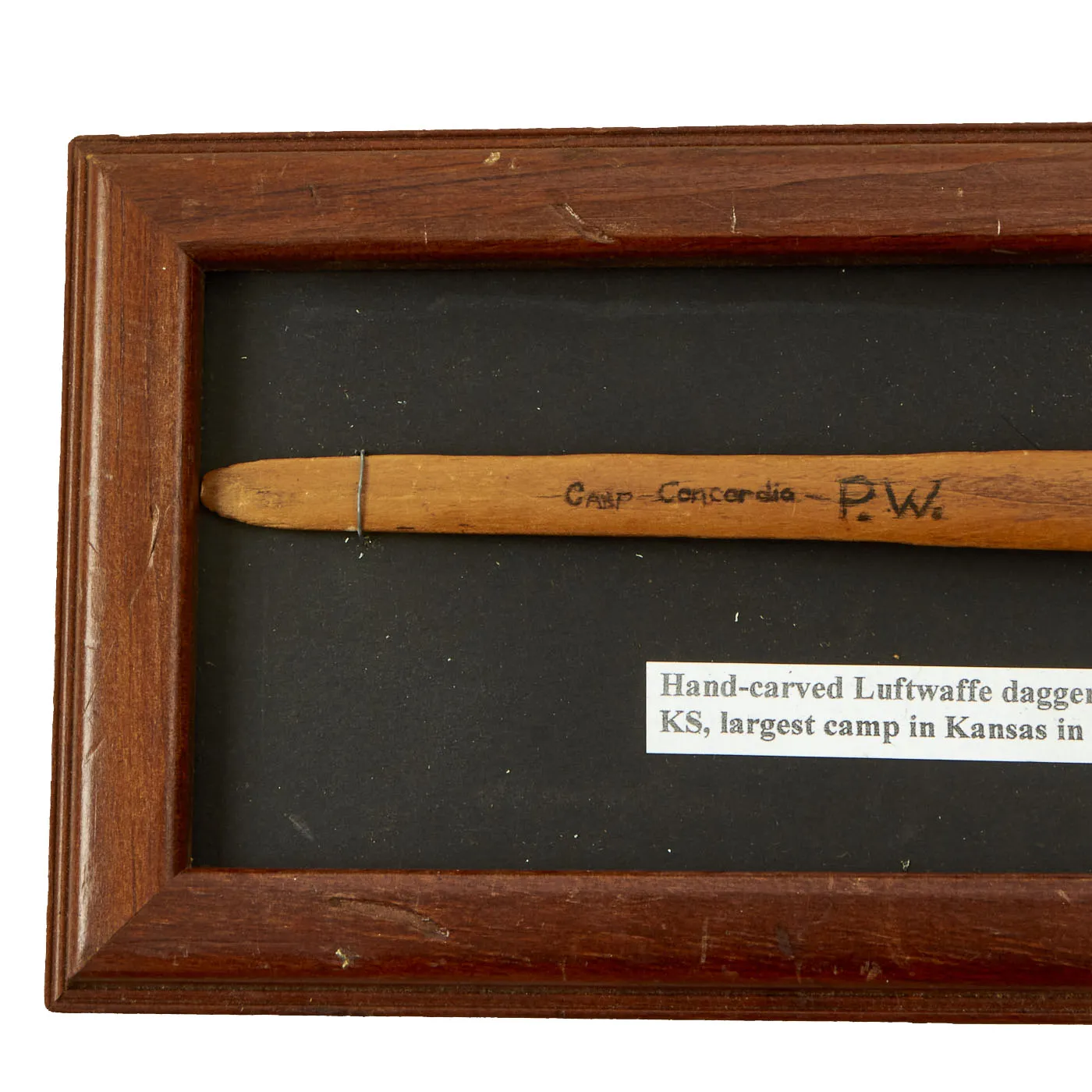 Original German WWII German Prisoner of War Framed Carved Wooden Luftwaffe Dagger From Camp Concordia, Kansas - 12” x 5”