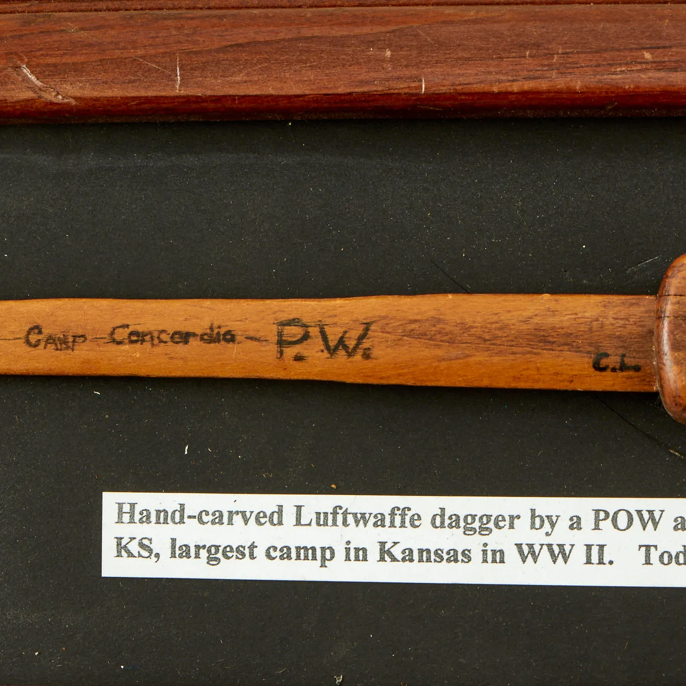 Original German WWII German Prisoner of War Framed Carved Wooden Luftwaffe Dagger From Camp Concordia, Kansas - 12” x 5”
