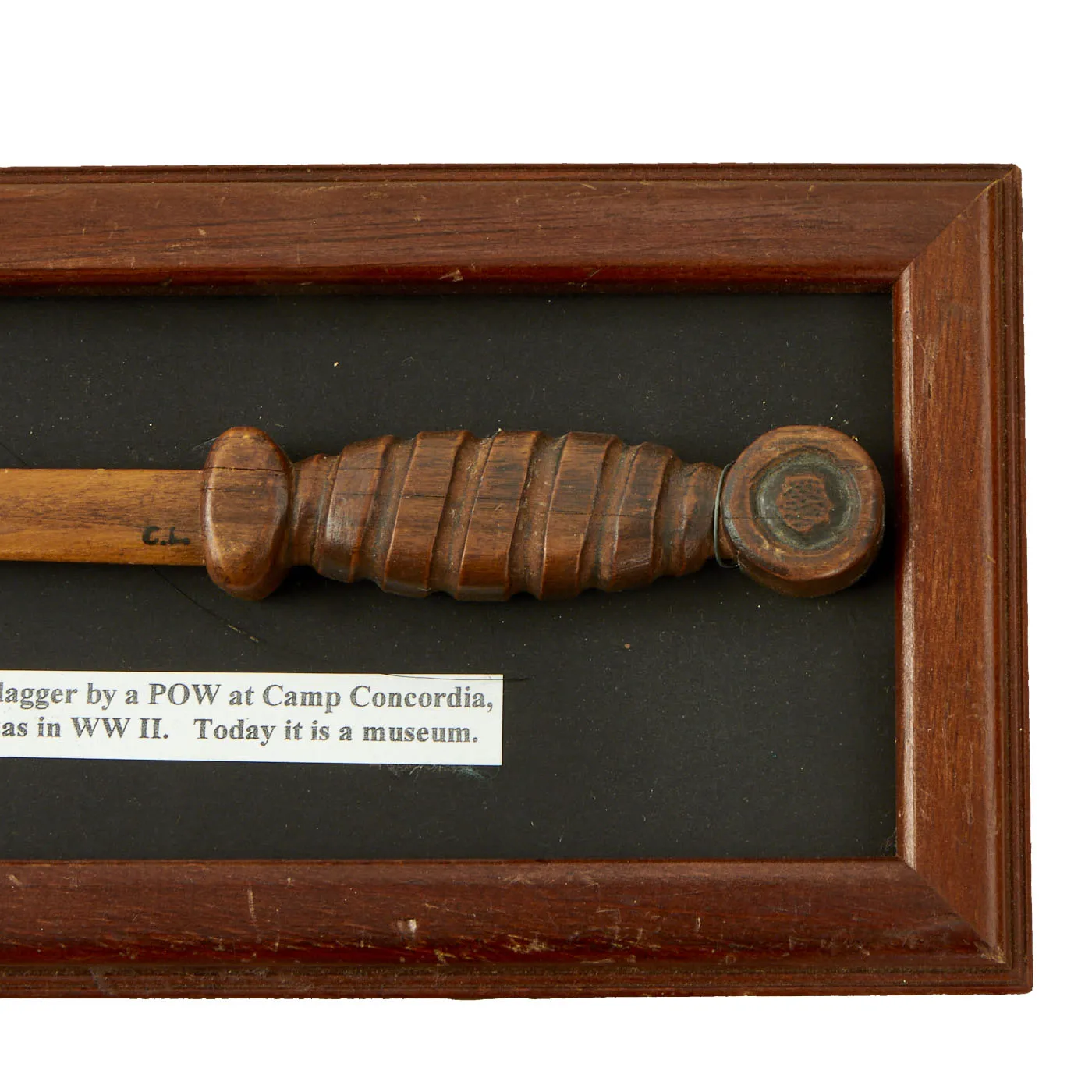 Original German WWII German Prisoner of War Framed Carved Wooden Luftwaffe Dagger From Camp Concordia, Kansas - 12” x 5”