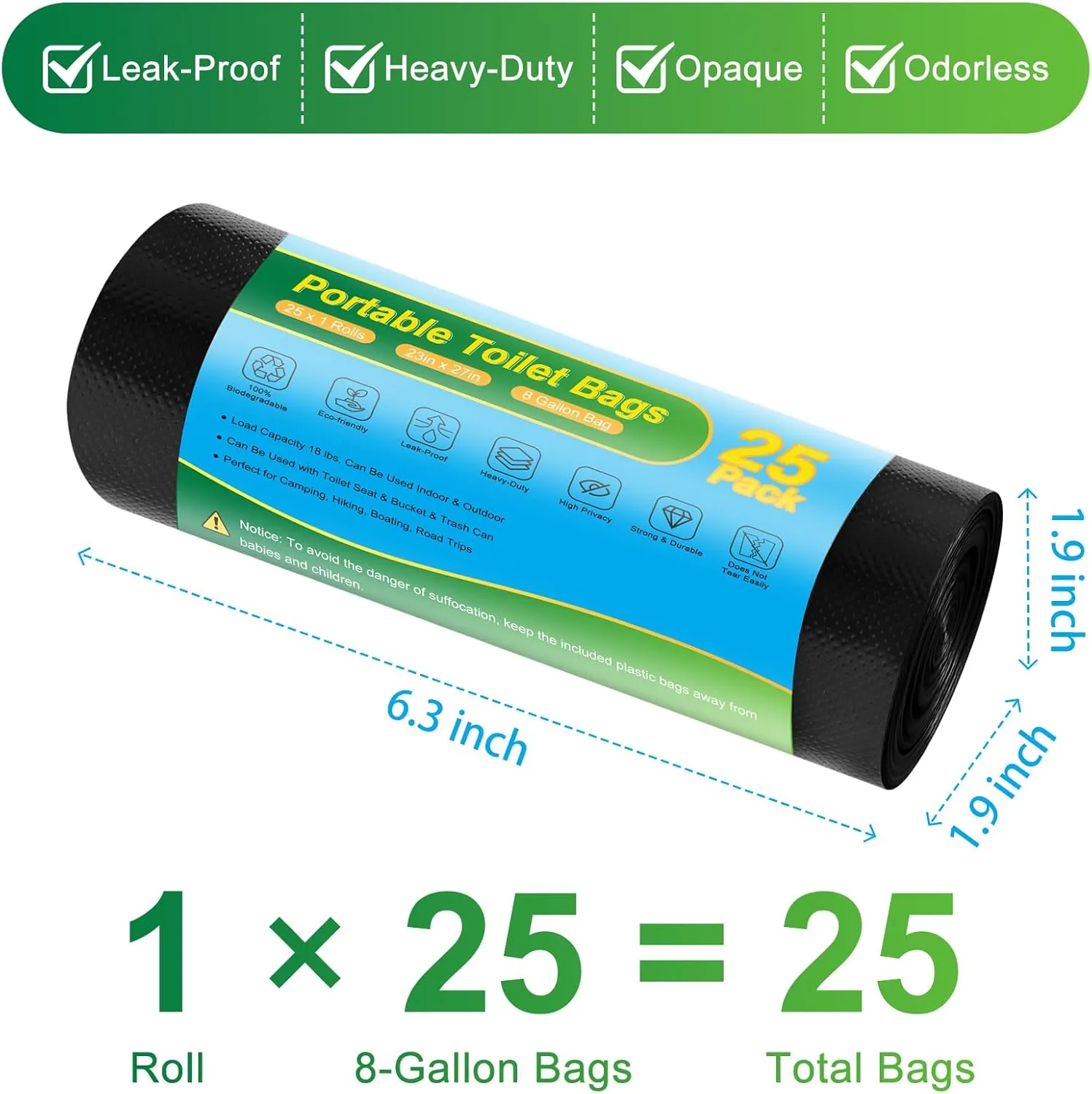 Portable Toilet Bags - 8 Gallon Camping Toilet Bags, Biodegradable Travel Potty Bag for Portable Toilet, Thickened Camp Toilet Waste Bags for 5 Gallon Bucket Toilet, Compostable Trash Bags