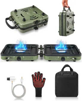 Saker 2 Burner Propane Camping Stove with Grill: Foldable Portable Camp Stove with Carry Bag - Adjustable Burners Camping Grill for BBQ Tailgating Gear - Backpacking Outdoor Cooking