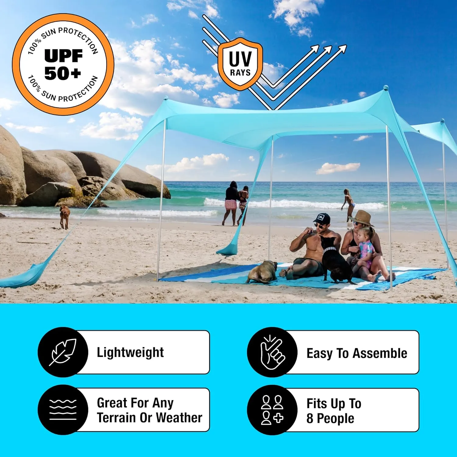 SUN NINJA Beach Tent Sun Shelter, UPF50  Protection, Easy Pop Up Beach Shade Canopy for Camping, Fishing, Backyard Fun, Lightweight & Portable, Fits Up to 8 People, 10x10 FT 4 Pole, Navy