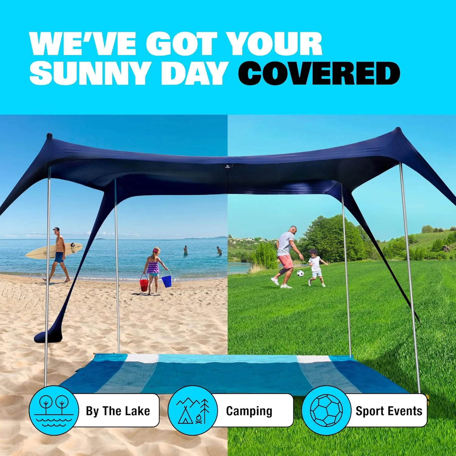 SUN NINJA Beach Tent Sun Shelter, UPF50  Protection, Easy Pop Up Beach Shade Canopy for Camping, Fishing, Backyard Fun, Lightweight & Portable, Fits Up to 8 People, 10x10 FT 4 Pole, Navy