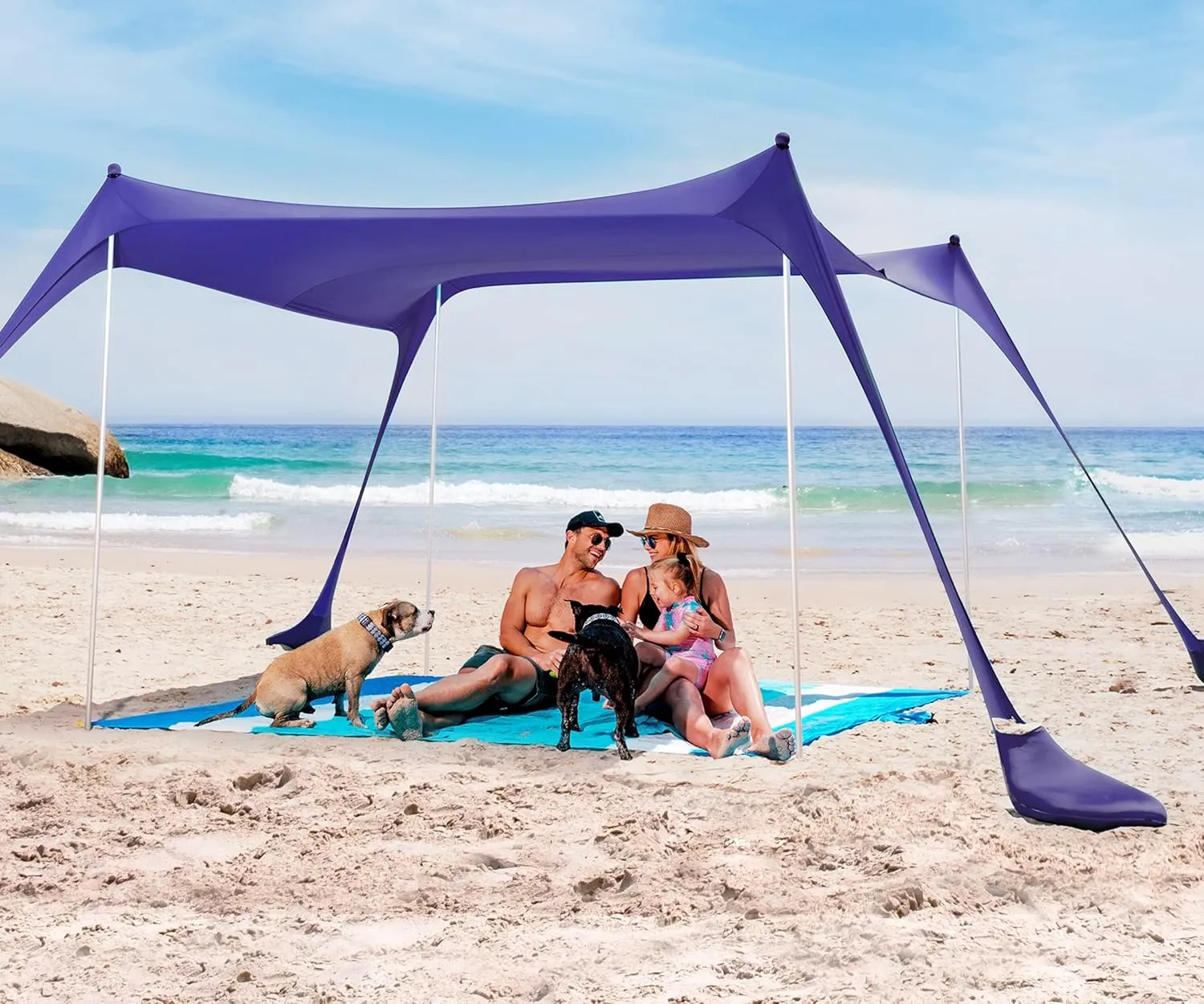 SUN NINJA Beach Tent Sun Shelter, UPF50  Protection, Easy Pop Up Beach Shade Canopy for Camping, Fishing, Backyard Fun, Lightweight & Portable, Fits Up to 8 People, 10x10 FT 4 Pole, Navy